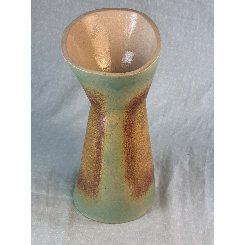 Frankoma inspired wide mouth art pottery vase green brown art deco 9" estate